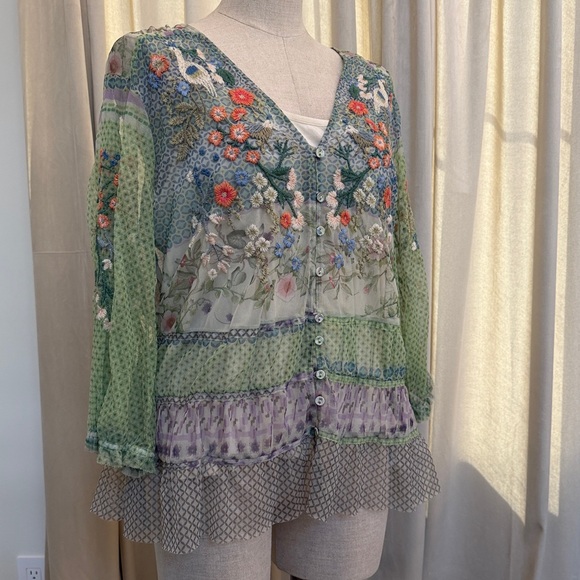 Johnny Was Tops - Johnny Was Biya XXL embroidered mesh top blouse with Cream Tank NWT green blue